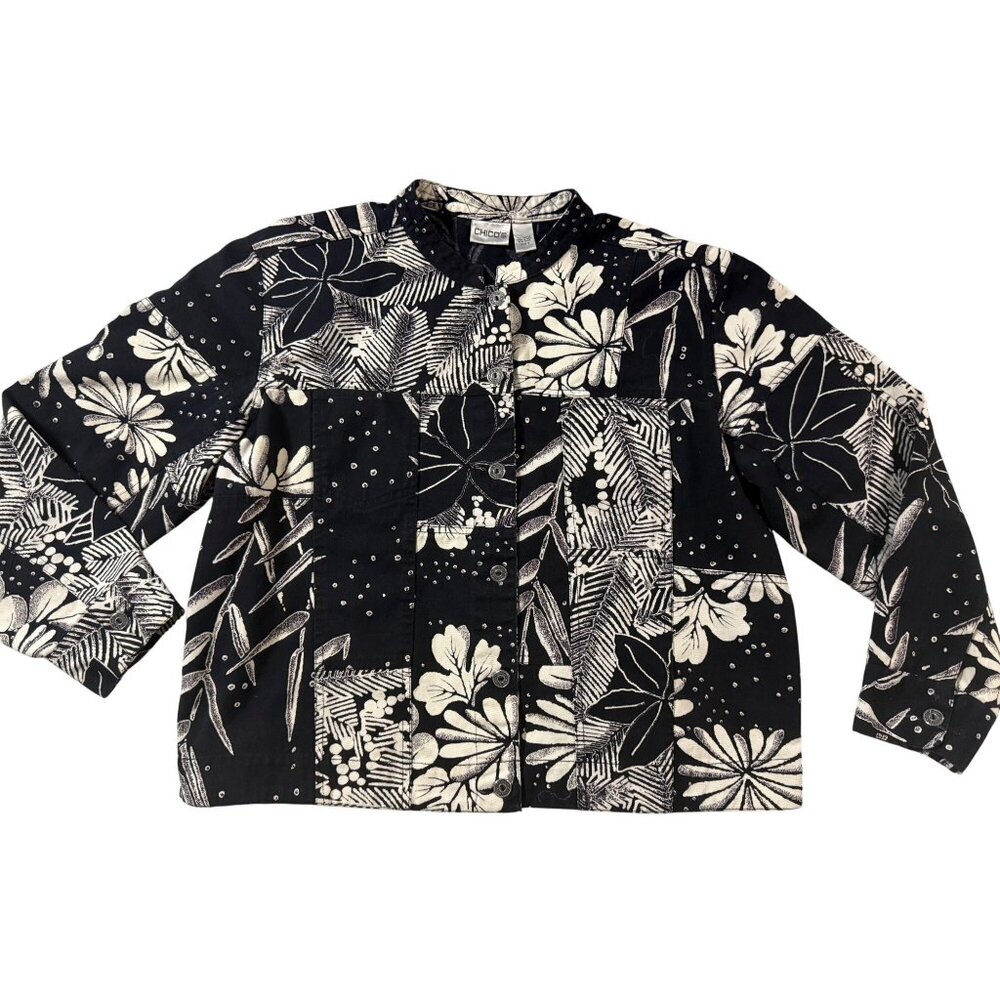 Black White Floral Patchwork Print Jacket Size XL Womens Cotton 3/4 Sleeve